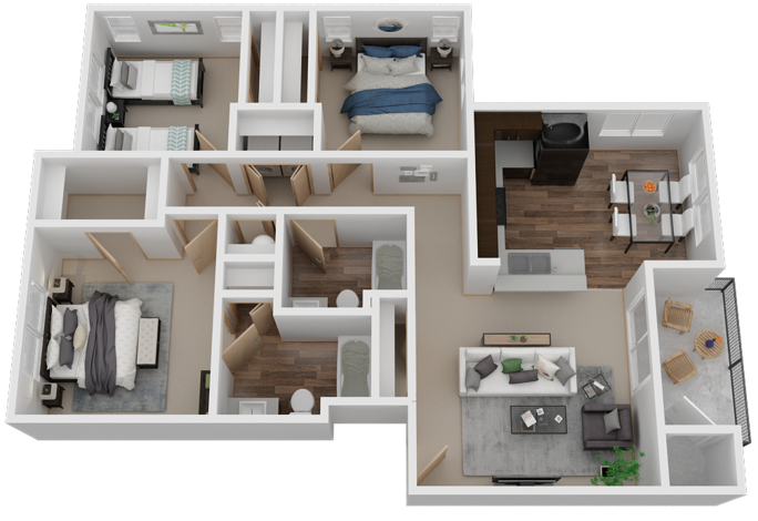 Floor plan for 3 beds, 2 baths, 1110 sqft